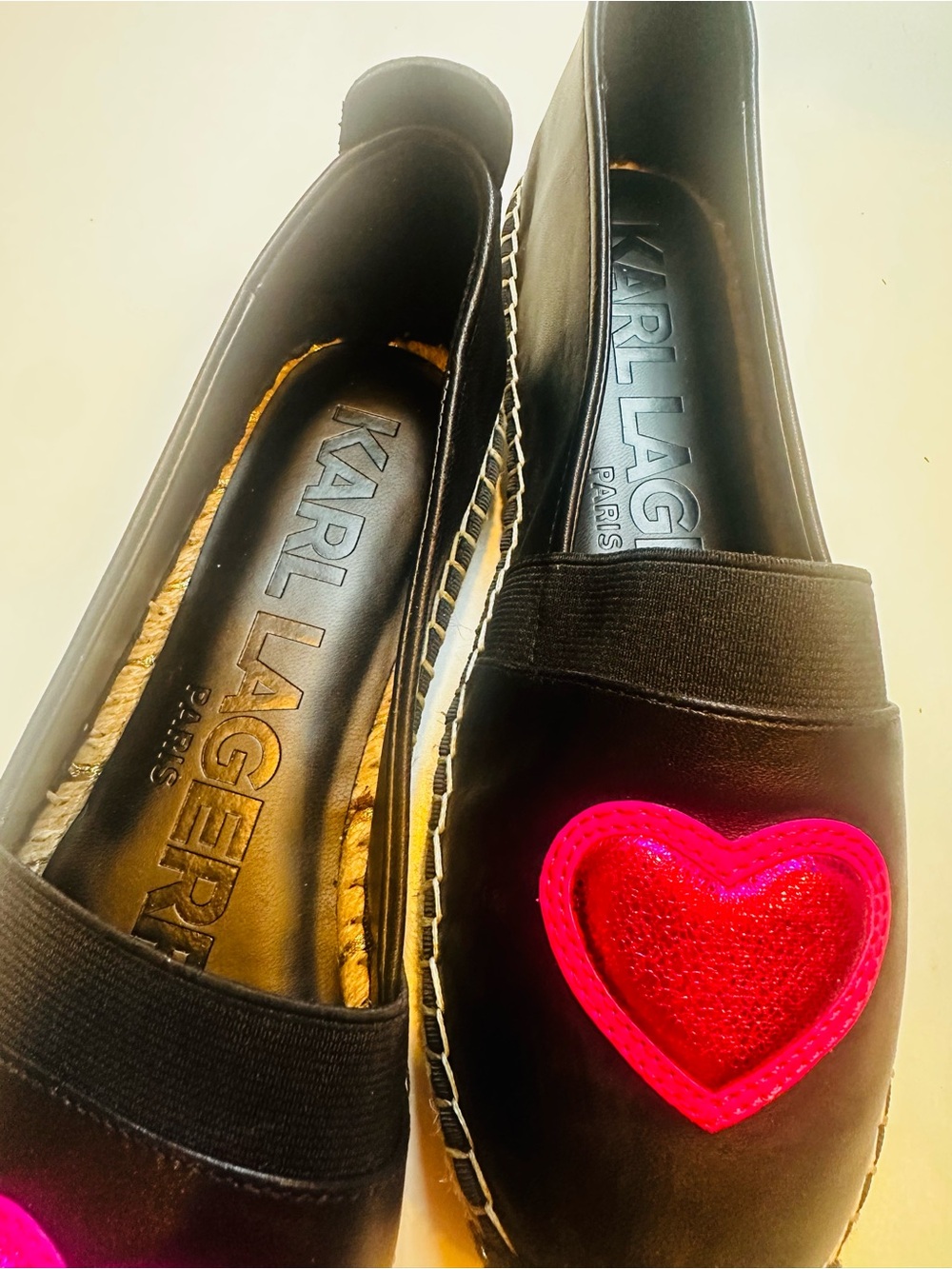 Karl Lagerfeld Black Espadrilles with Bright Pink Heart Appliqué